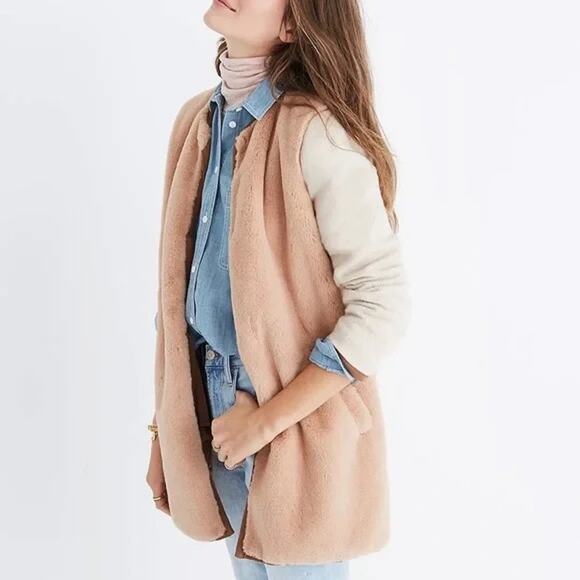 Madewell Brown Beige Colorblock Faux Mink Fur Long Length Ribbon Tie Jacket - Picture 3 of 16